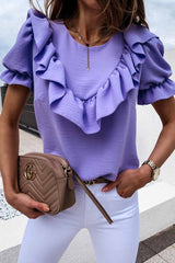 Ruffled Loose Short Sleeves Tops(4 Colors)