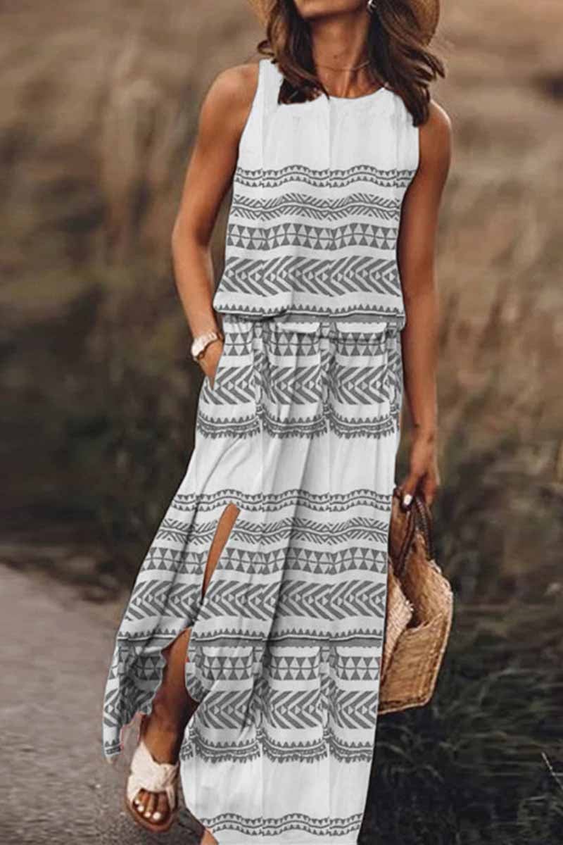 Printed Striped Maxi Dress With Pocket