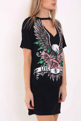 Women's Choker Cutout V-Neck Eagle Printed Short Sleeve Mini Dress