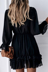 Sexy Black Lace Puff Sleeve V-Neck Lace Mini Dress