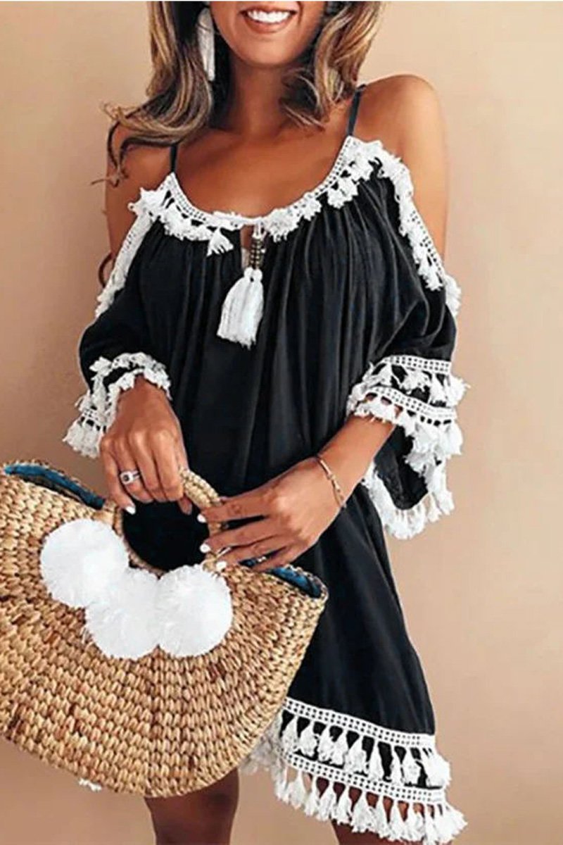 Bohemian Cold Shoulder Tassel Dress