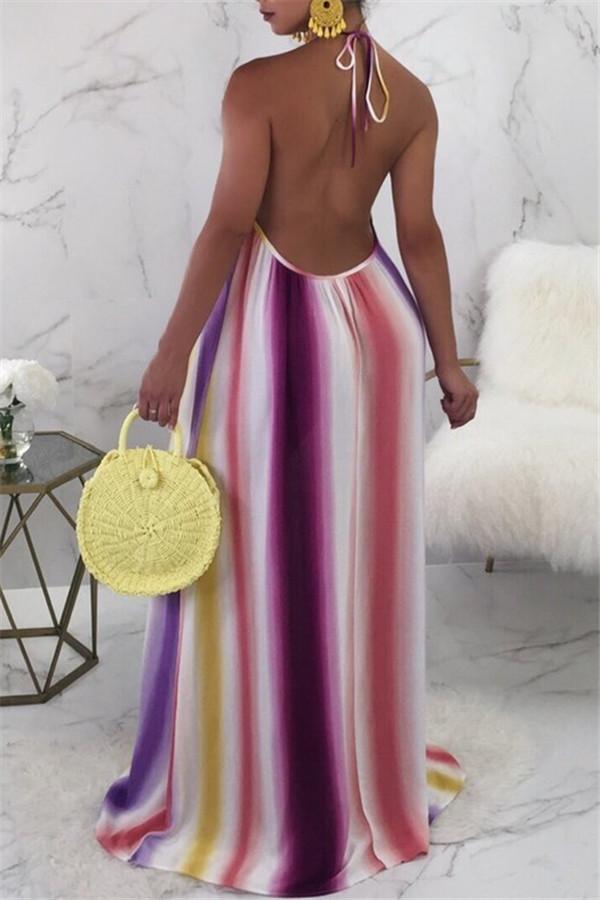 Rainbow Stripe Halter Neck Maxi Dress