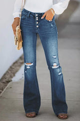 Ripped  Button Fly Slim Flare Jeans