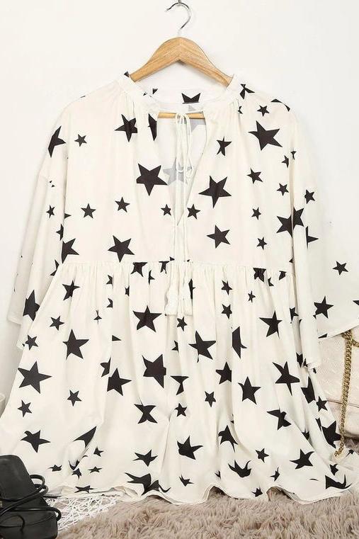 Sweet Star Print V-Neck Tassel Dress