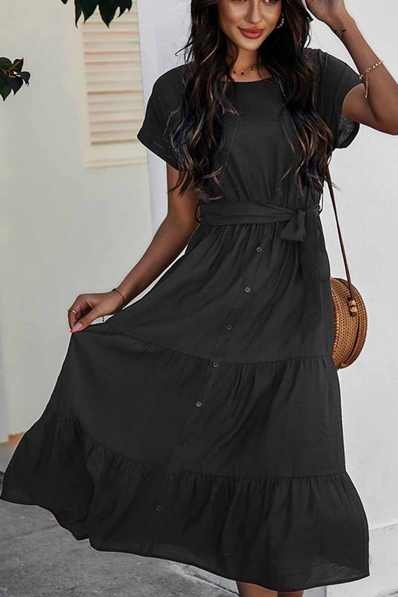 Pure Color Simple Restraint Waist Midi Dress