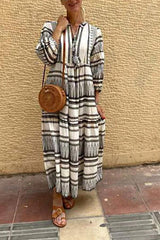 Puff Sleeve V-Neck Striped Print Dress