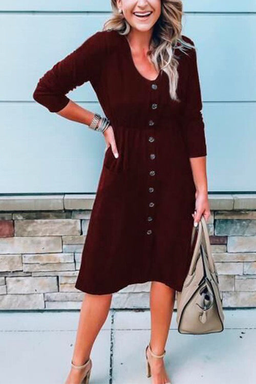 Button Down High Waist Pockets Dress