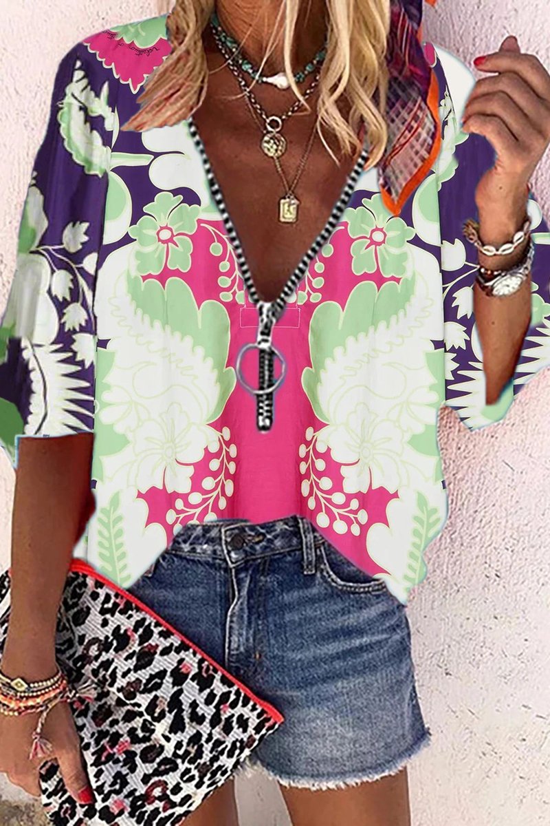 Vintage Print Zipper V-Neck Blouse