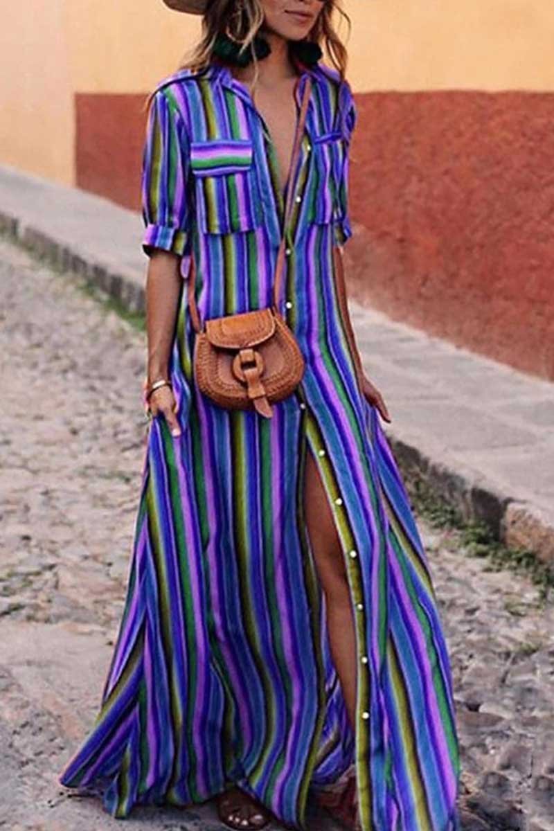 Bohemian Multicolor Striped Maxi Dress(3 Colors)