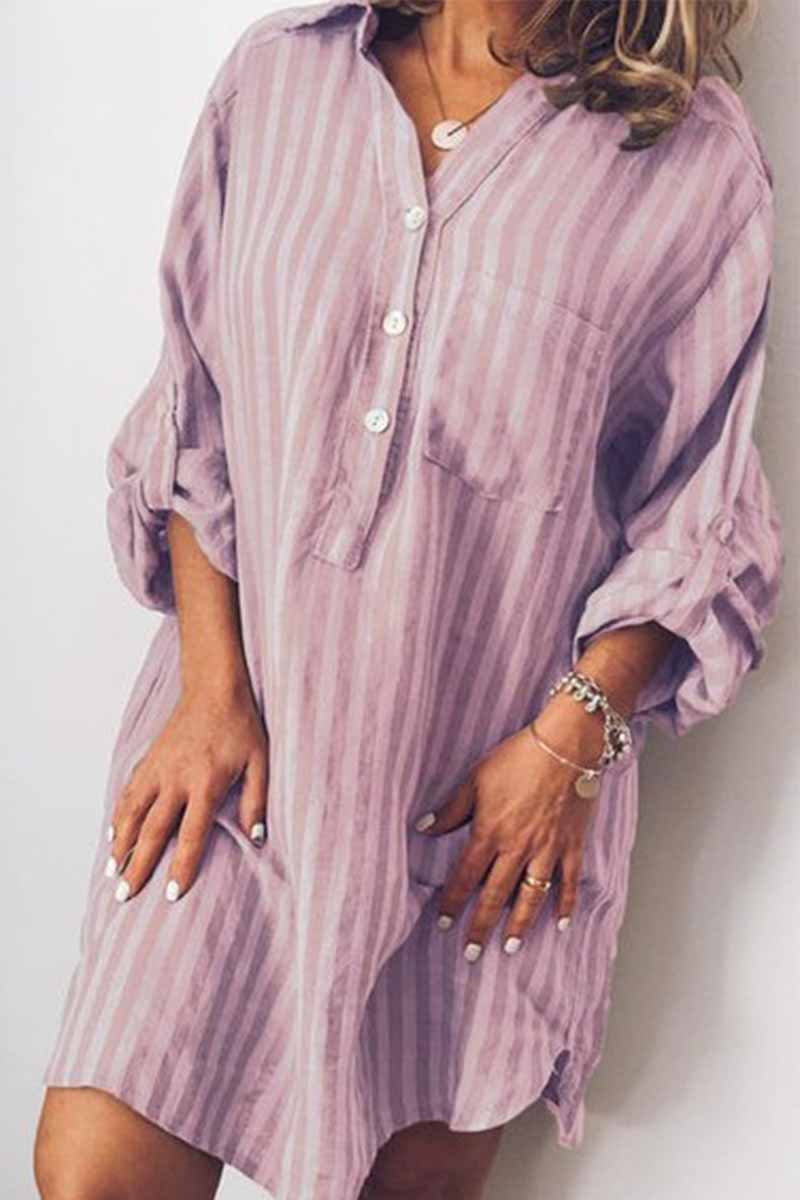 Printed Striped Long Shirt Mini Dress(6 Colors)