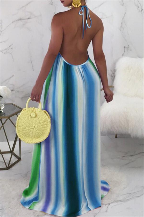 Rainbow Stripe Halter Neck Maxi Dress