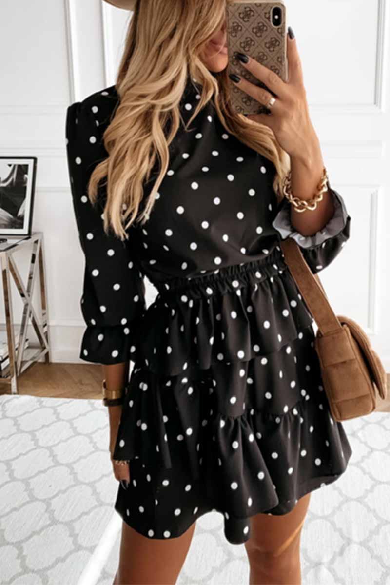 Thin Irregular Lotus Leaf Dot Printing Mini Dress(2 Colors)