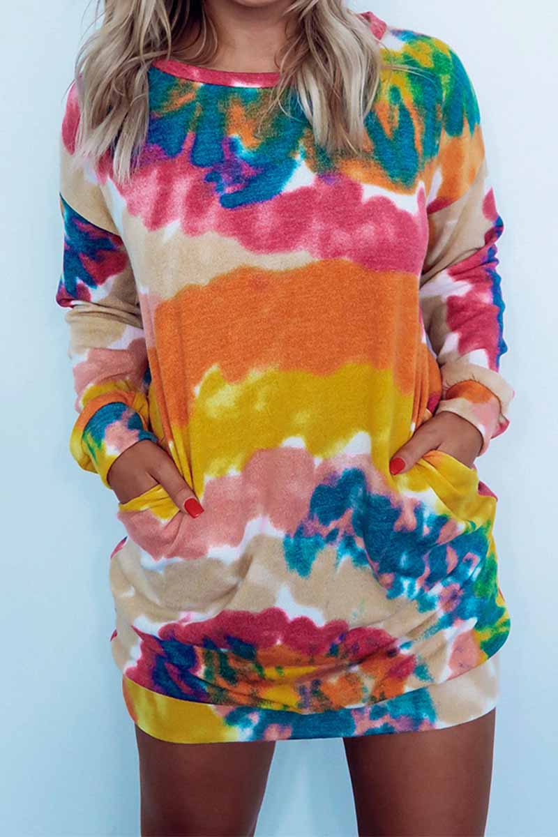 Round Neck Pullover Tie-Dye Printing Mini Dress