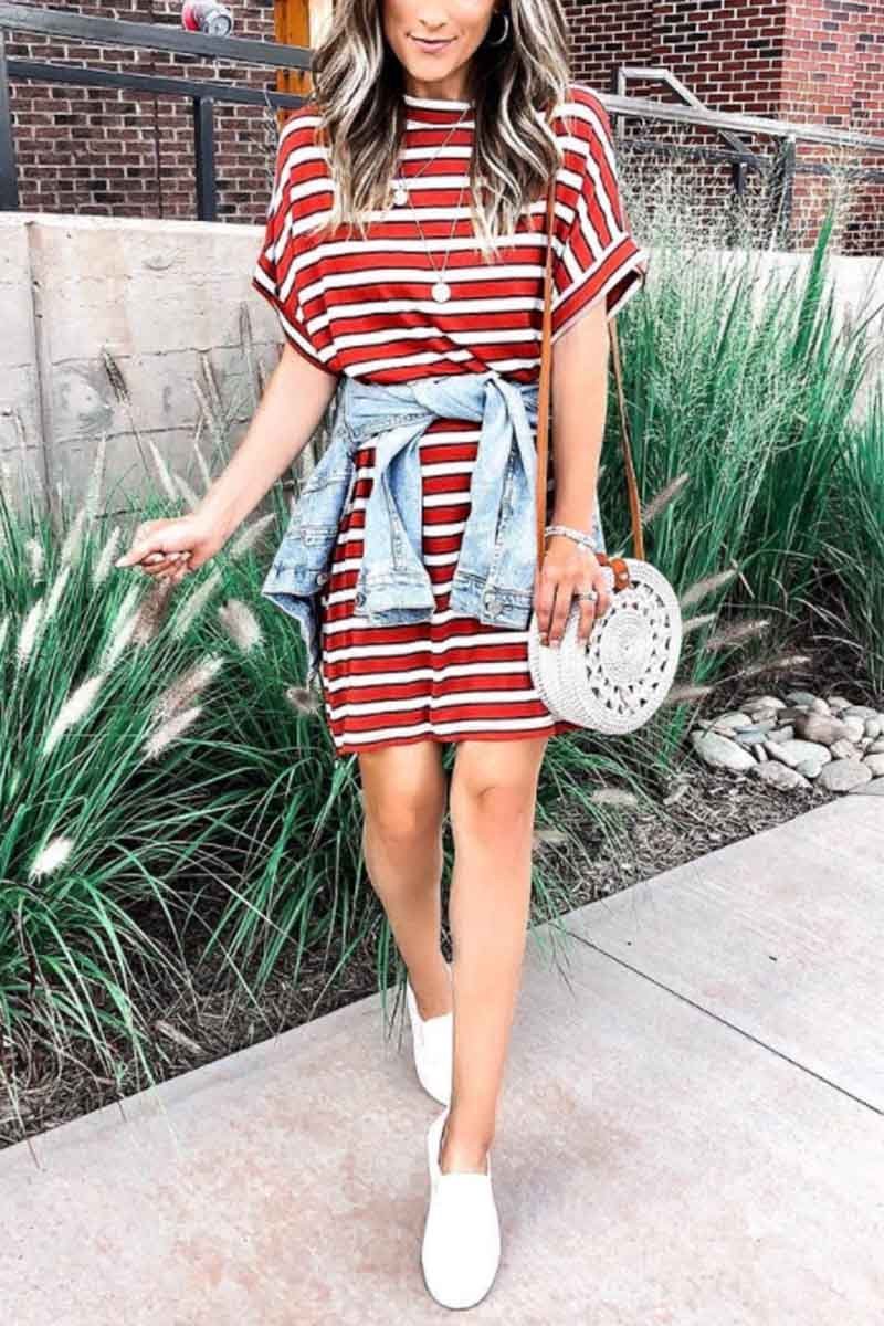 Casual Red Striped Mini Dress