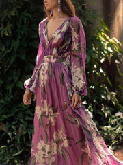 Women's Chiffon Dress Maxi long Dress Purple Long Sleeve Floral Color Block Summer V Neck Holiday Boho 2021 S M L XL XXL 3XL