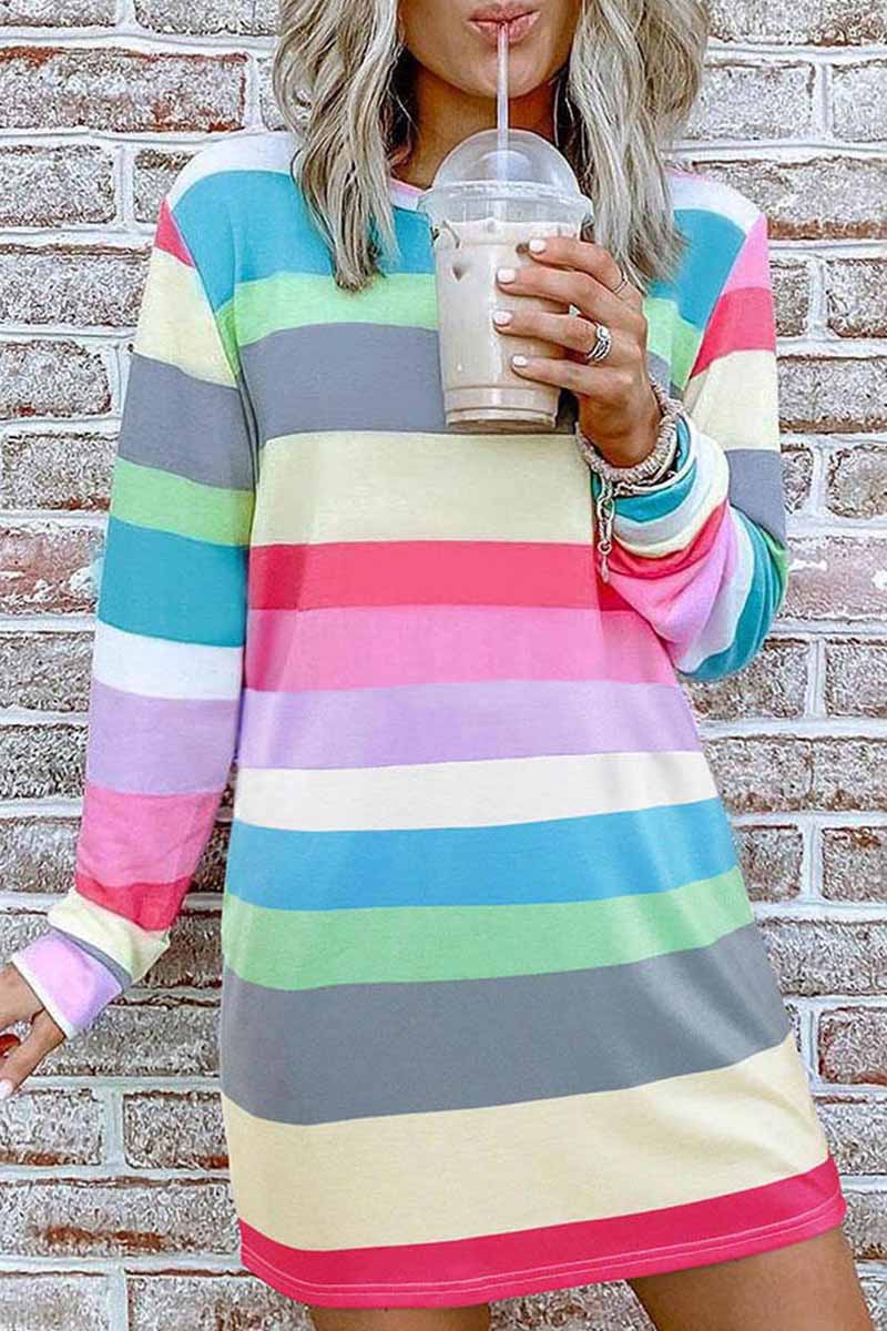 Rainbow Long Sleeve Stripes Mini Dresses