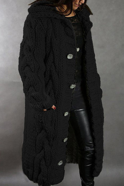 Button Down Cable Knit Long Thick Cardigan