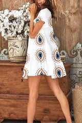 Round Neck Print Water Drop Mini Dress