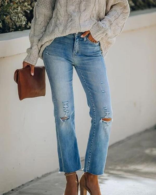 Ripped Straight-Leg Cropped Jeans