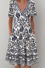 Vintage Printed Midi V-Neck Dress