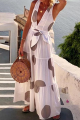 Vacation Print Stitching V Collar Sleeveless Maxi Dress