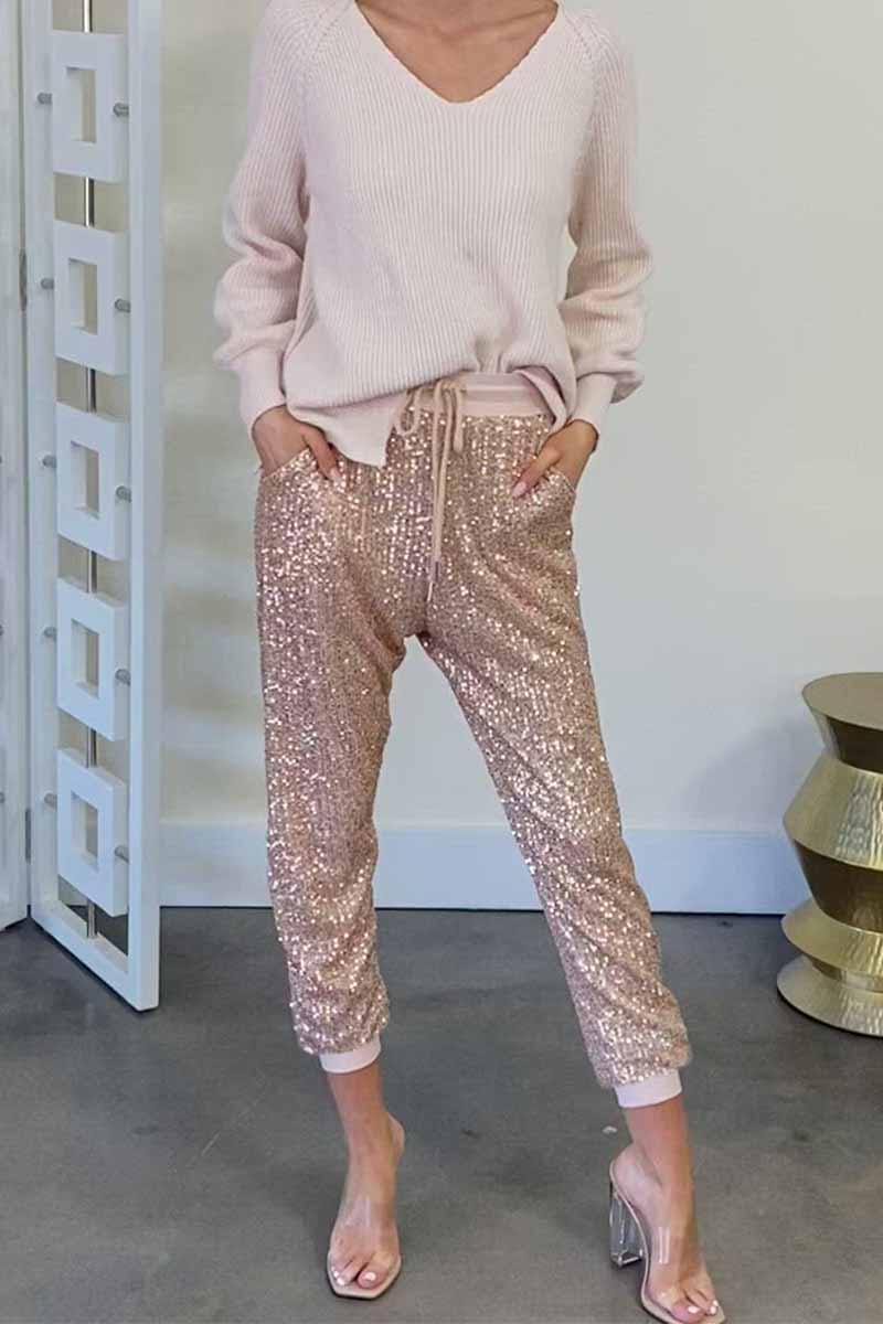 Ruffled High Waist Drawstring Sequined Pants(3 Colors)