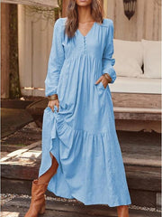 Women's Maxi Shift Dress - Long Sleeve Solid Color V Neck Loose Yellow Royal Blue Light gray Brown Light Blue S M L XL XXL XXXL