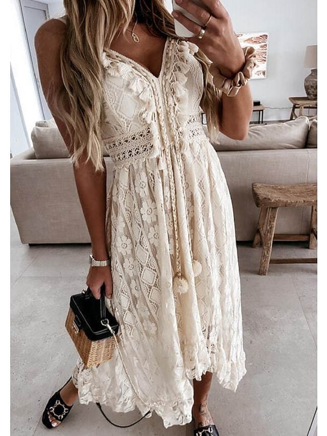 Women's Swing Dress Maxi Long Dress White Beige Sleeveless Solid Color Embroidered Lace Spring Summer V Neck Casual Boho Beach Lace 2021 S M L XL XXL