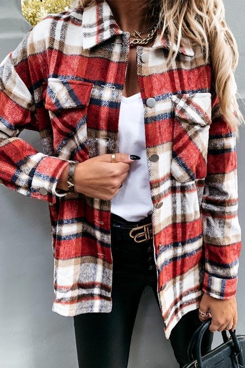 Woolen Lattice Big Pocket Shirt Coat