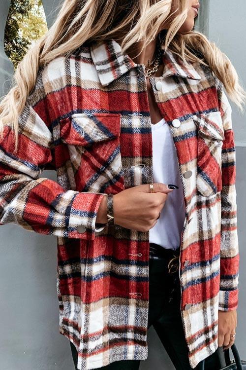 Woolen Lattice Big Pocket Shirt Coat