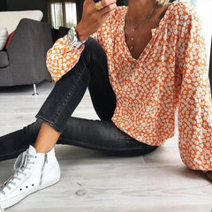 Bohemian V-Neck Floral Print Blouse