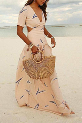 Vacation Print Hollowed Out V Neck A Line Maxi Dresses