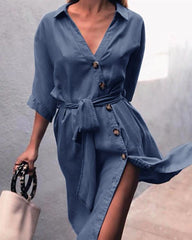 Tie Waist Button Down Elegant Shirt Dress 3/4 Sleeve Casual Dress