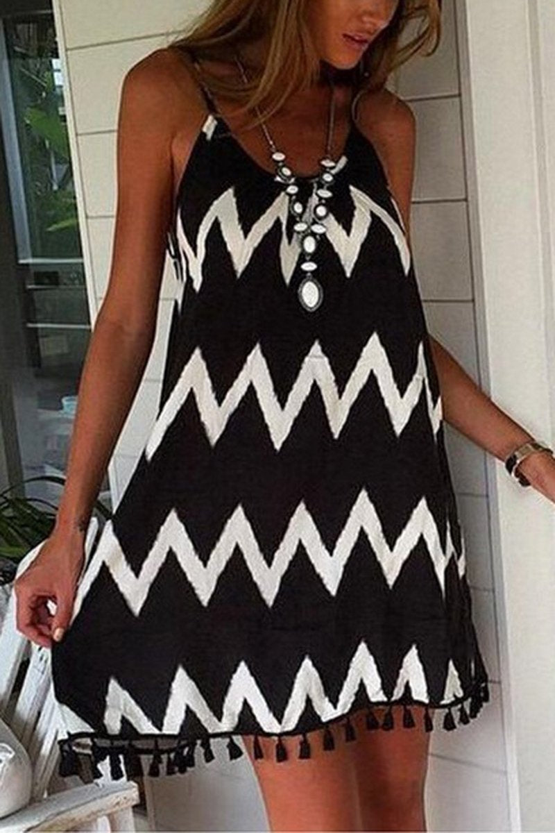 Wave Stripe Open Back Tassel Dress