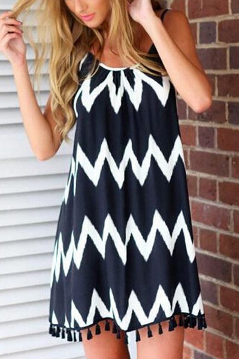 Wave Stripe Open Back Tassel Dress