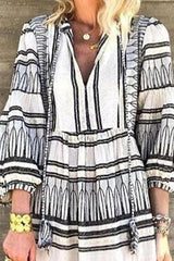 Puff Sleeve V-Neck Striped Print Dress
