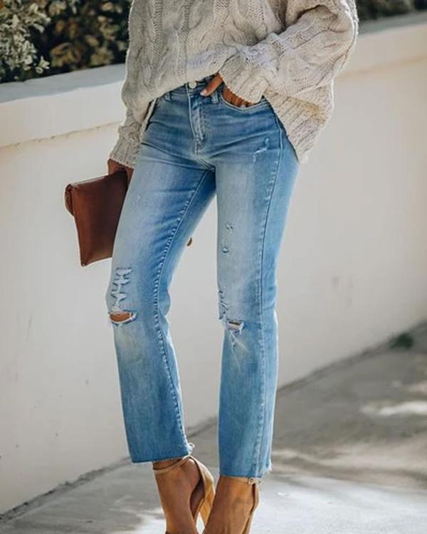 Ripped Straight-Leg Cropped Jeans