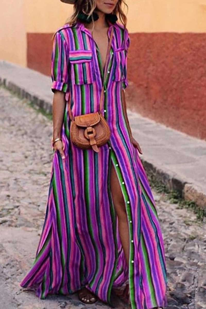 Bohemian Multicolor Striped Maxi Dress(3 Colors)