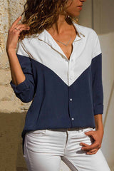 Casual V-Neck Print Stitching Long-Sleeved Spun Shirt(4 Colors)