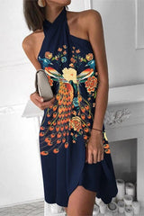 Printed Lace-Up Halter Neck Dress