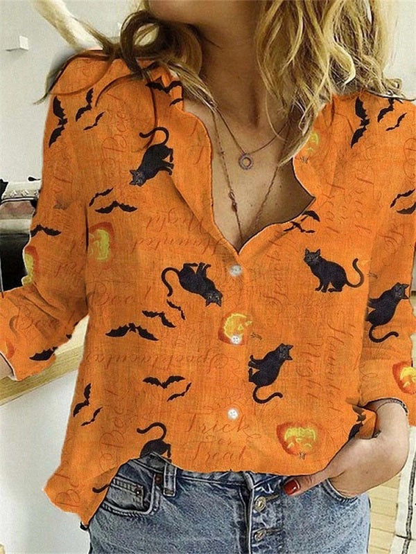 Women's Blouses Witch Bat Pumpkin Print Long Sleeve Blouses