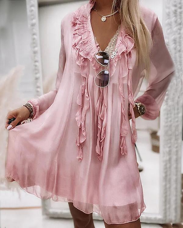 Ruffle Silk Tassel V Neck Chiffon Dress