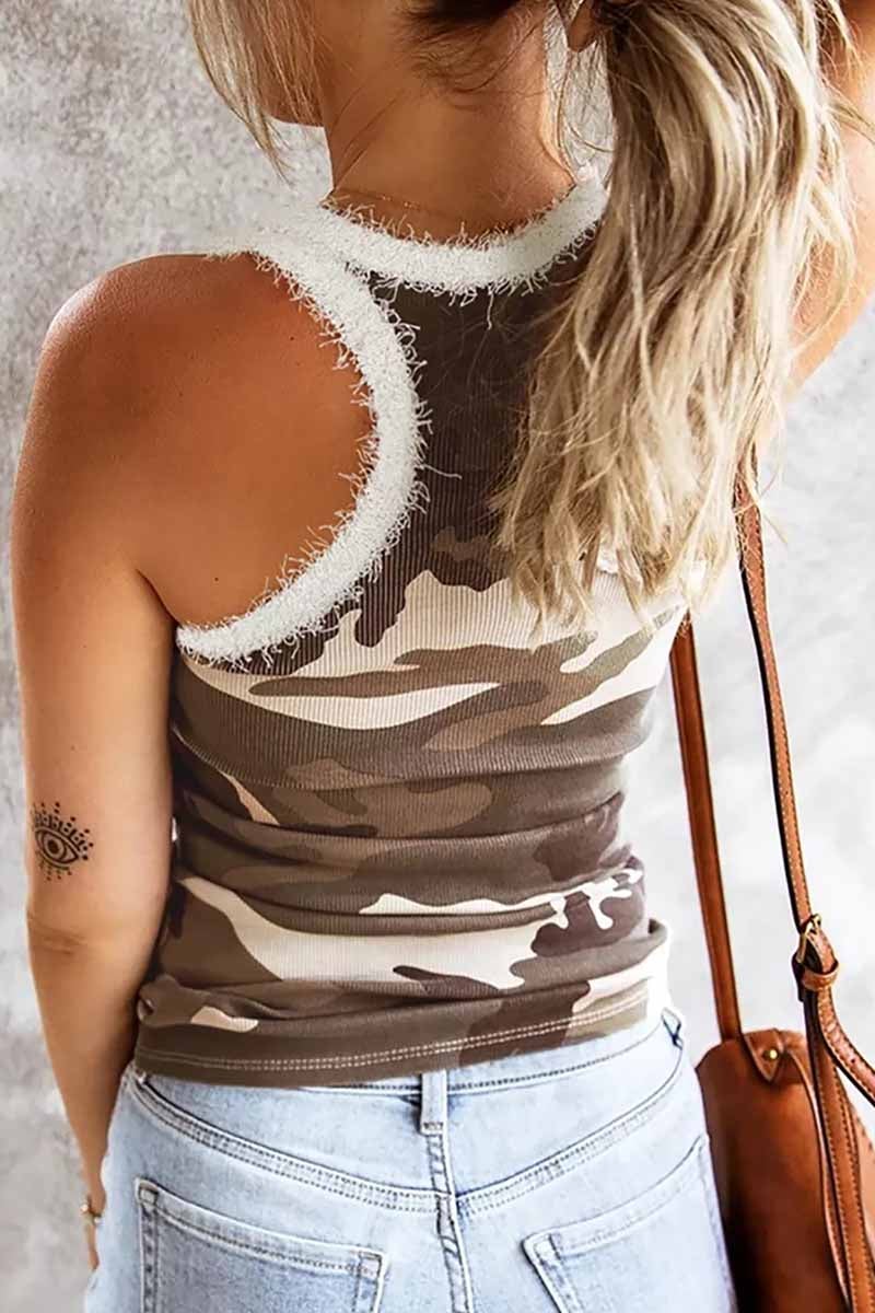 Camouflage Stitching Plush Neckline Tops(3 Colors)