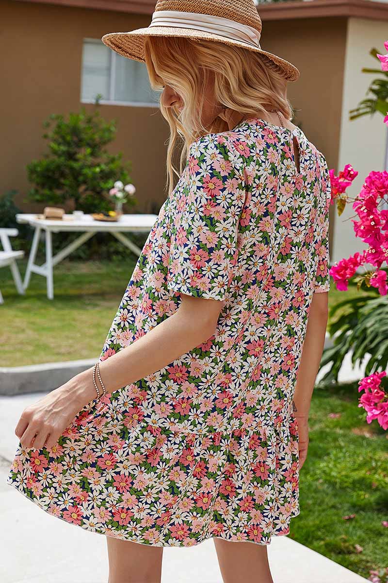 Round Neck Ruffled Floral Mini Dress