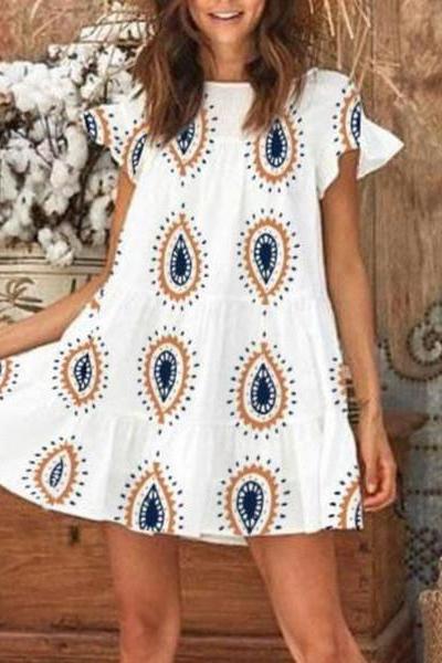 Scoop Neck Ruched Sleeve Print Dress