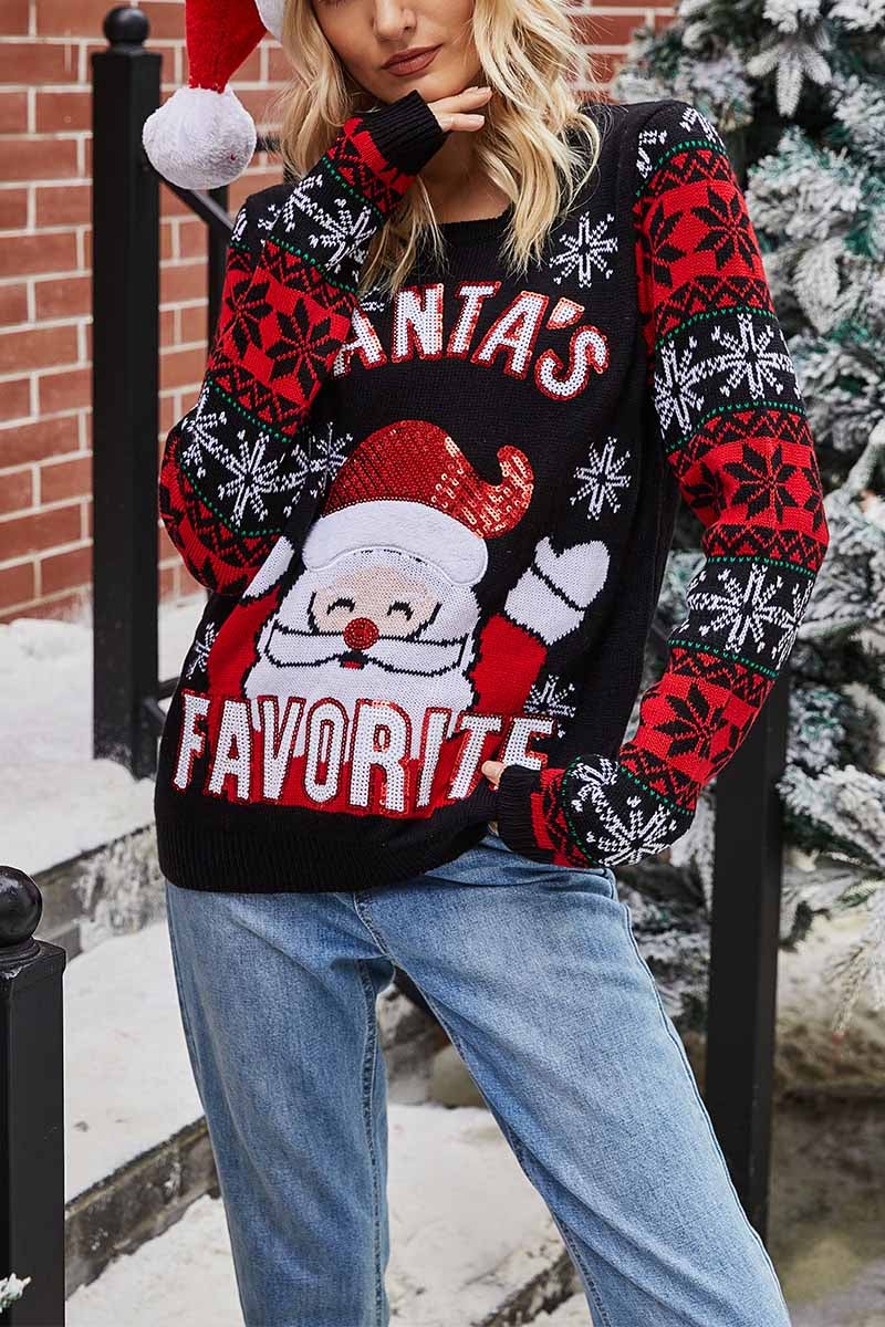 Santa Embroidered Round Neck Knitted Sweater