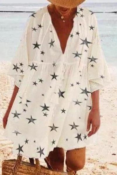 Sweet Star Print V-Neck Tassel Dress