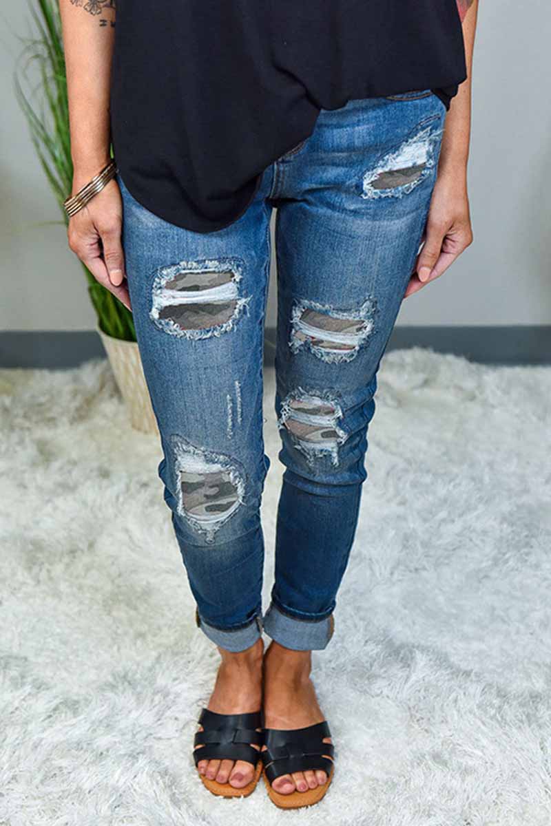 Printed Hole Washed  White Jeans