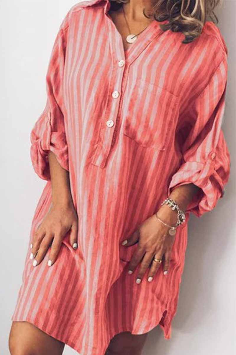 Printed Striped Long Shirt Mini Dress(6 Colors)