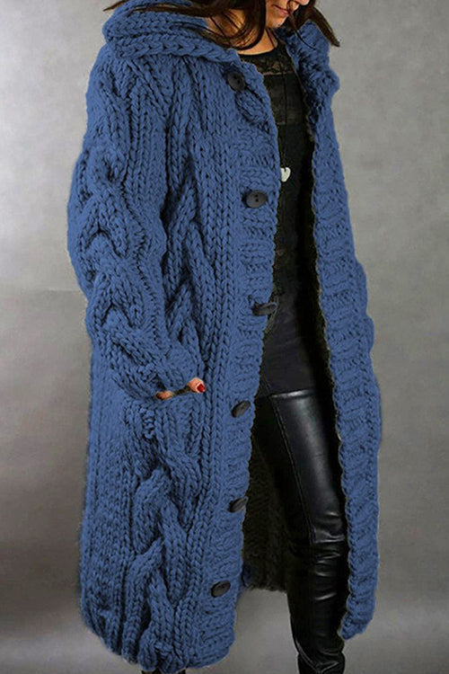 Button Down Cable Knit Long Thick Cardigan